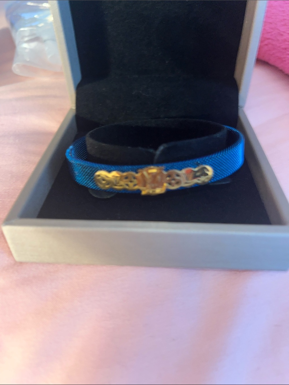 Blue Fabric Bracelet with Gold Accent